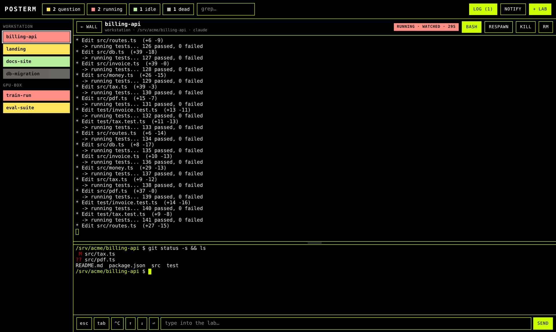 An open lab: the agent's terminal on top, the rail of labs on the left, the lab's own bash at the bottom showing git status.