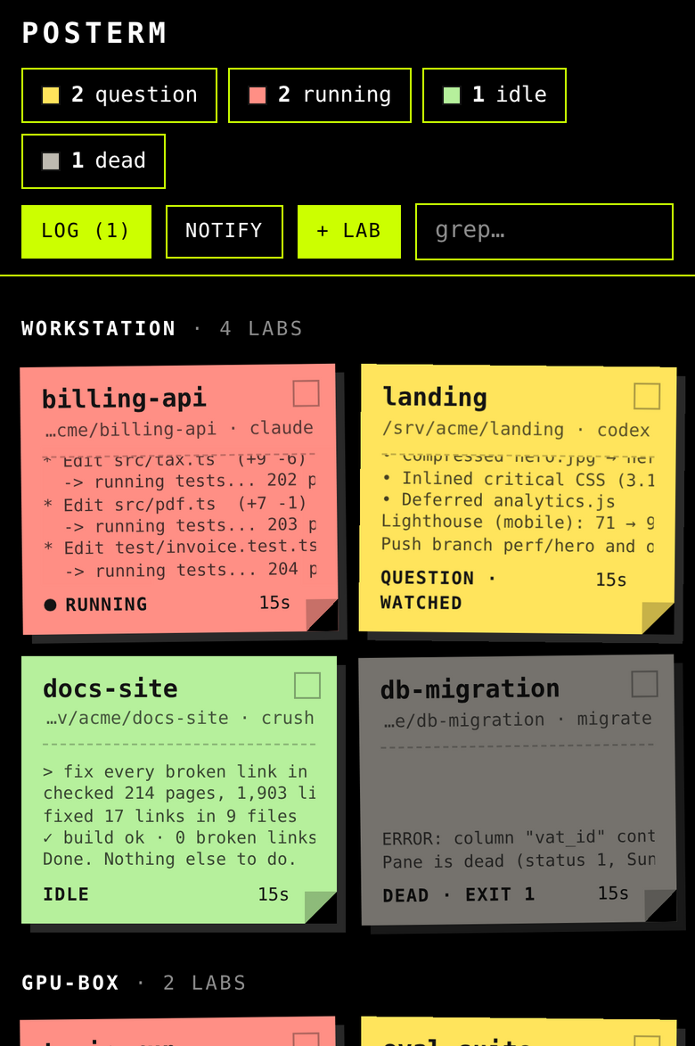The wall on a phone: the same post-its, stacked two per row.
